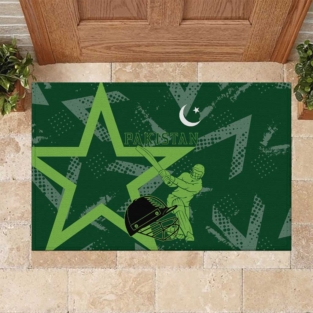 Pakistan Cricket Rubber Doormat Sporty Style with Flag Stars & Player Illustration