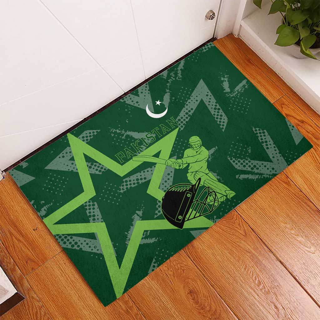 Pakistan Cricket Rubber Doormat Sporty Style with Flag Stars & Player Illustration