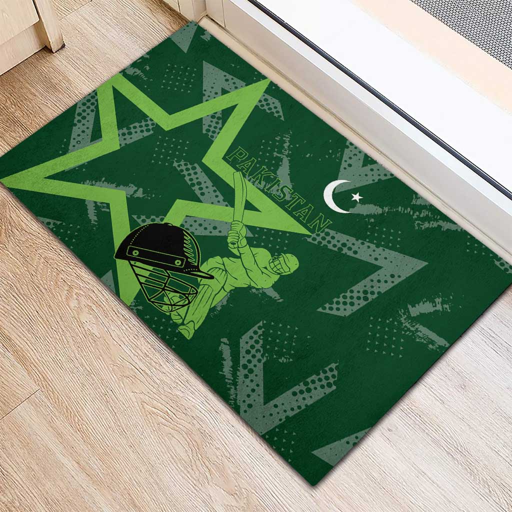 Pakistan Cricket Rubber Doormat Sporty Style with Flag Stars & Player Illustration