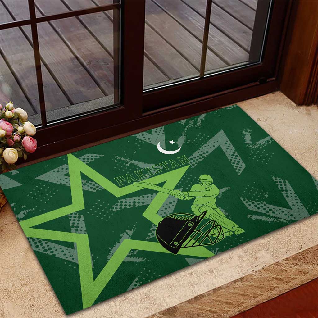 Pakistan Cricket Rubber Doormat Sporty Style with Flag Stars & Player Illustration