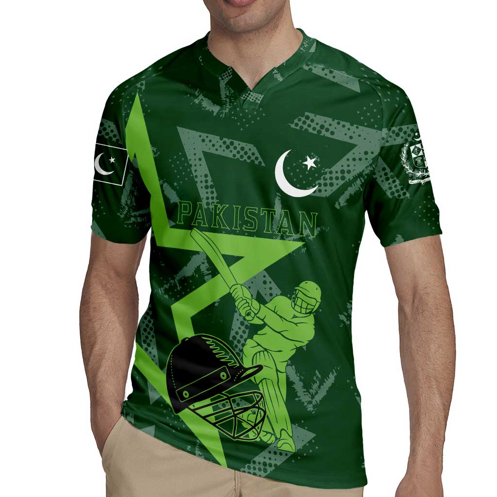 Pakistan Cricket Rugby Jersey Sporty Style with Flag Stars & Player Illustration