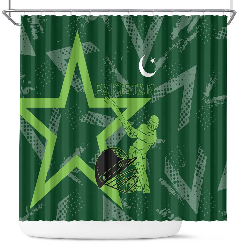 Pakistan Cricket Shower Curtain Sporty Style with Flag Stars & Player Illustration