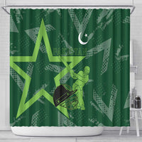 Pakistan Cricket Shower Curtain Sporty Style with Flag Stars & Player Illustration