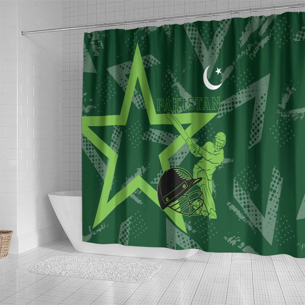 Pakistan Cricket Shower Curtain Sporty Style with Flag Stars & Player Illustration