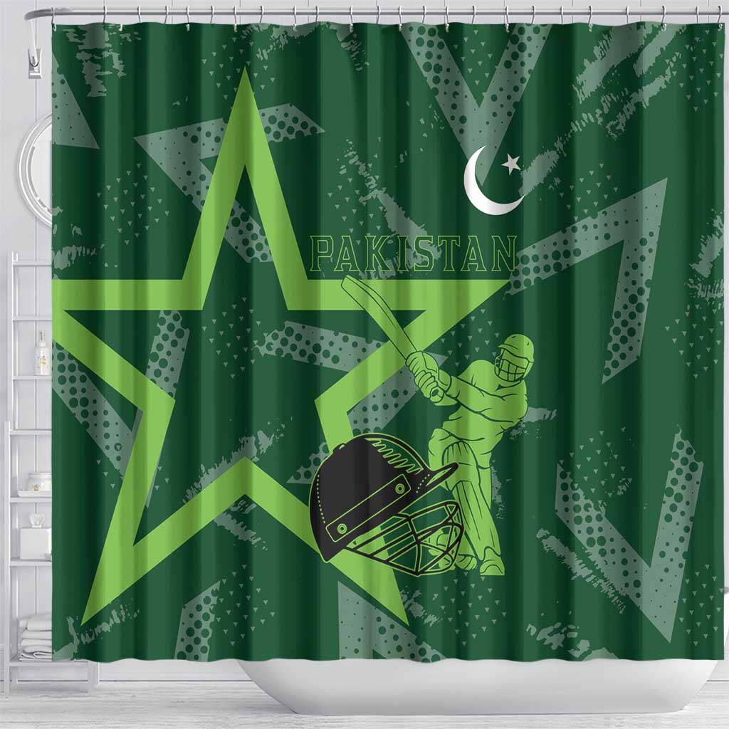 Pakistan Cricket Shower Curtain Sporty Style with Flag Stars & Player Illustration