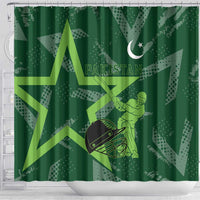 Pakistan Cricket Shower Curtain Sporty Style with Flag Stars & Player Illustration