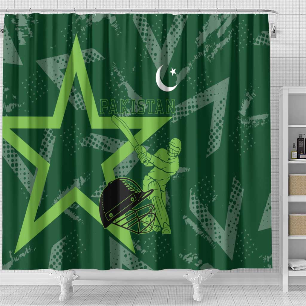 Pakistan Cricket Shower Curtain Sporty Style with Flag Stars & Player Illustration