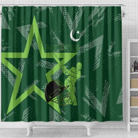 Pakistan Cricket Shower Curtain Sporty Style with Flag Stars & Player Illustration