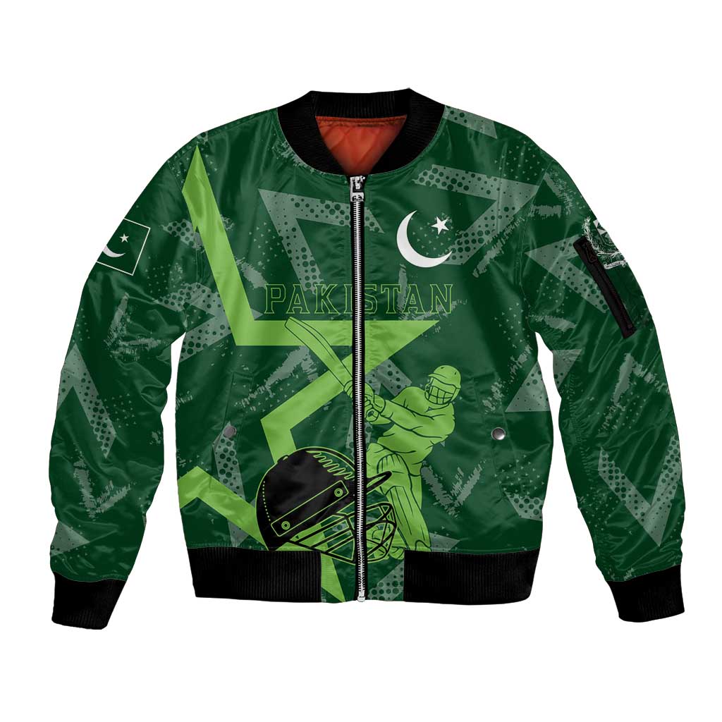Pakistan Cricket Sleeve Zip Bomber Jacket Sporty Style with Flag Stars & Player Illustration