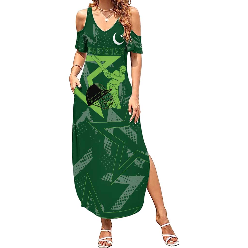 Pakistan Cricket Summer Maxi Dress Sporty Style with Flag Stars & Player Illustration