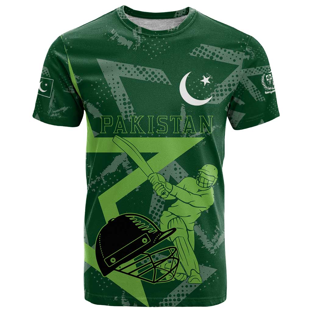 Pakistan Cricket T Shirt Sporty Style with Flag Stars & Player Illustration