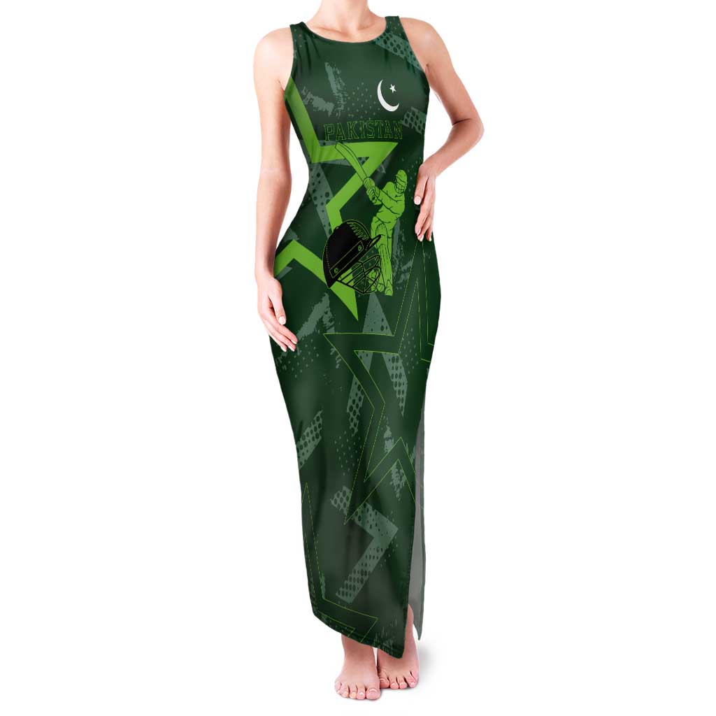 Pakistan Cricket Tank Maxi Dress Sporty Style with Flag Stars & Player Illustration