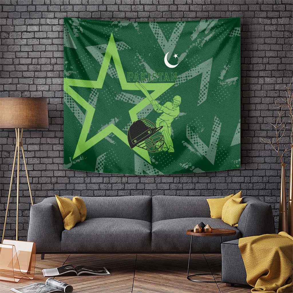 Pakistan Cricket Tapestry Sporty Style with Flag Stars & Player Illustration