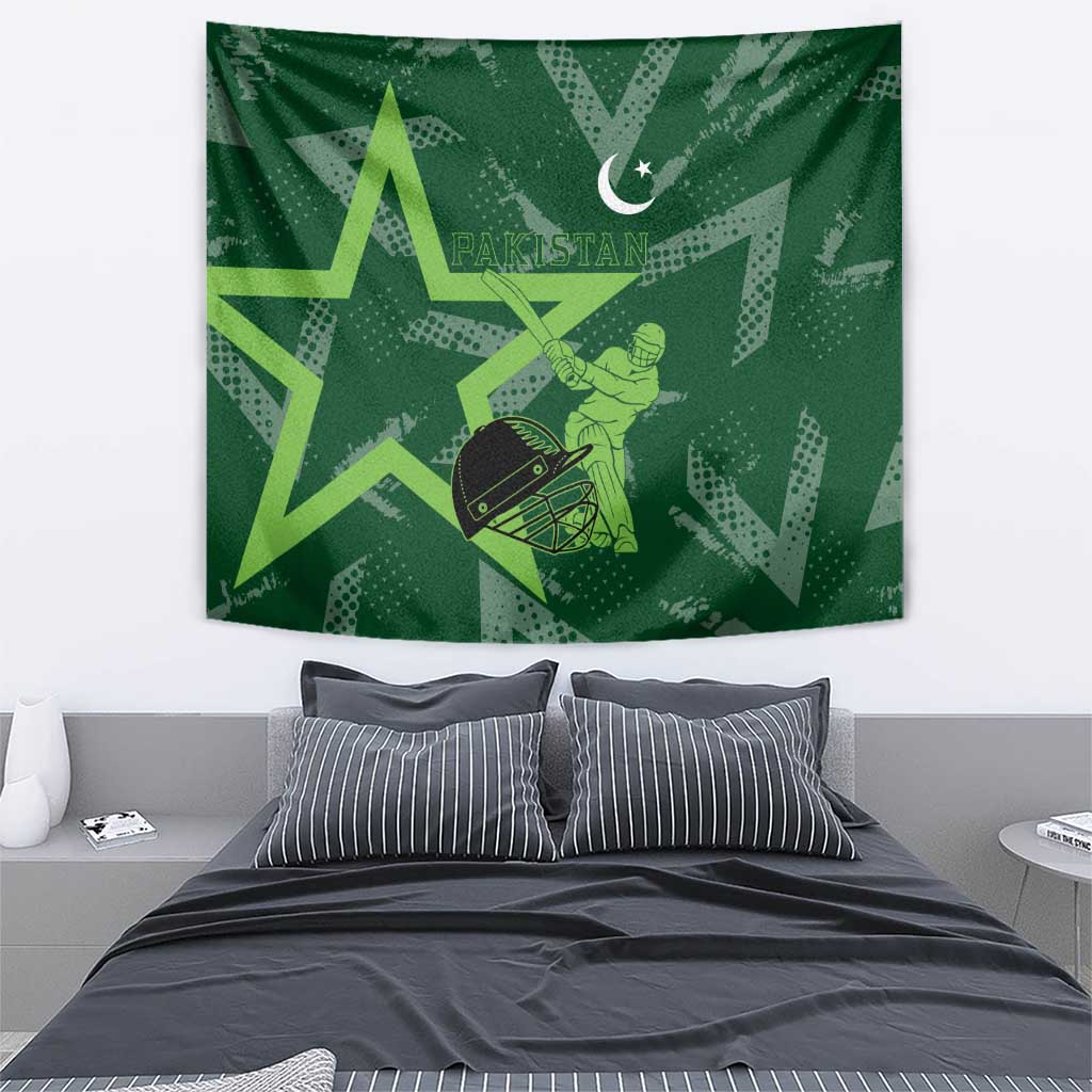 Pakistan Cricket Tapestry Sporty Style with Flag Stars & Player Illustration