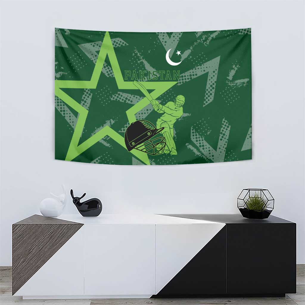 Pakistan Cricket Tapestry Sporty Style with Flag Stars & Player Illustration