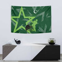 Pakistan Cricket Tapestry Sporty Style with Flag Stars & Player Illustration