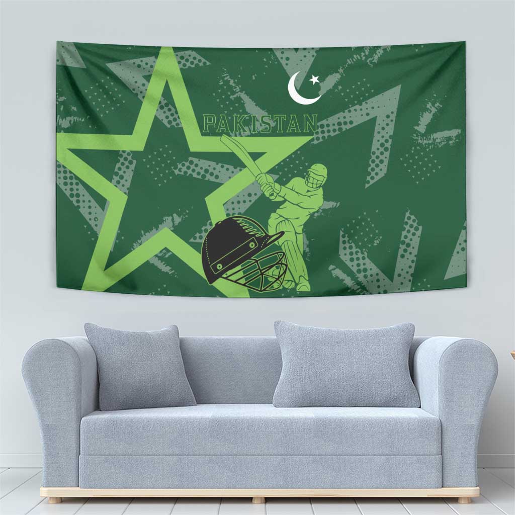 Pakistan Cricket Tapestry Sporty Style with Flag Stars & Player Illustration