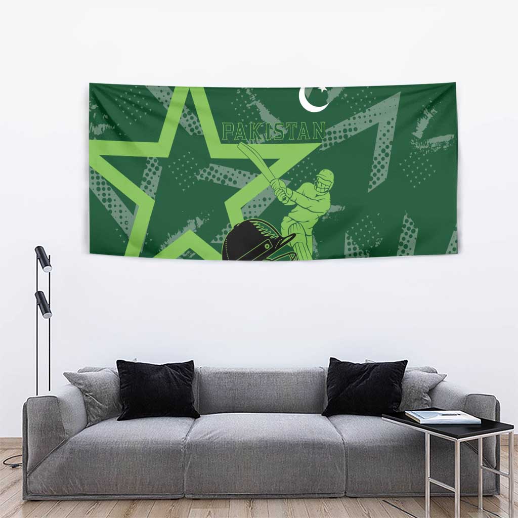 Pakistan Cricket Tapestry Sporty Style with Flag Stars & Player Illustration