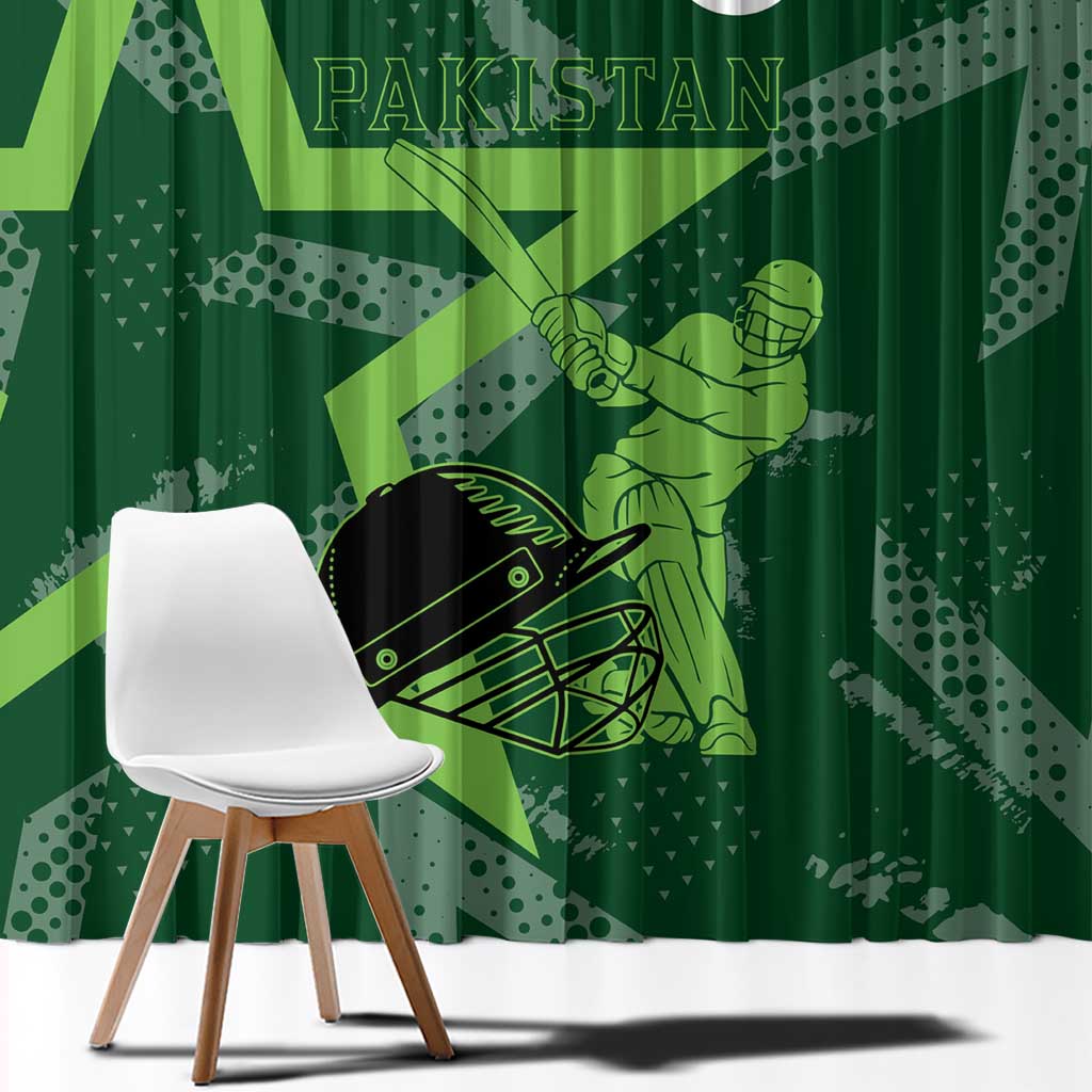 Pakistan Cricket Window Curtain Sporty Style with Flag Stars & Player Illustration