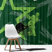 Pakistan Cricket Window Curtain Sporty Style with Flag Stars & Player Illustration