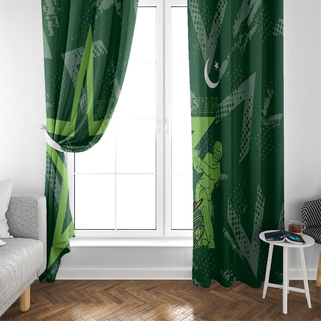 Pakistan Cricket Window Curtain Sporty Style with Flag Stars & Player Illustration