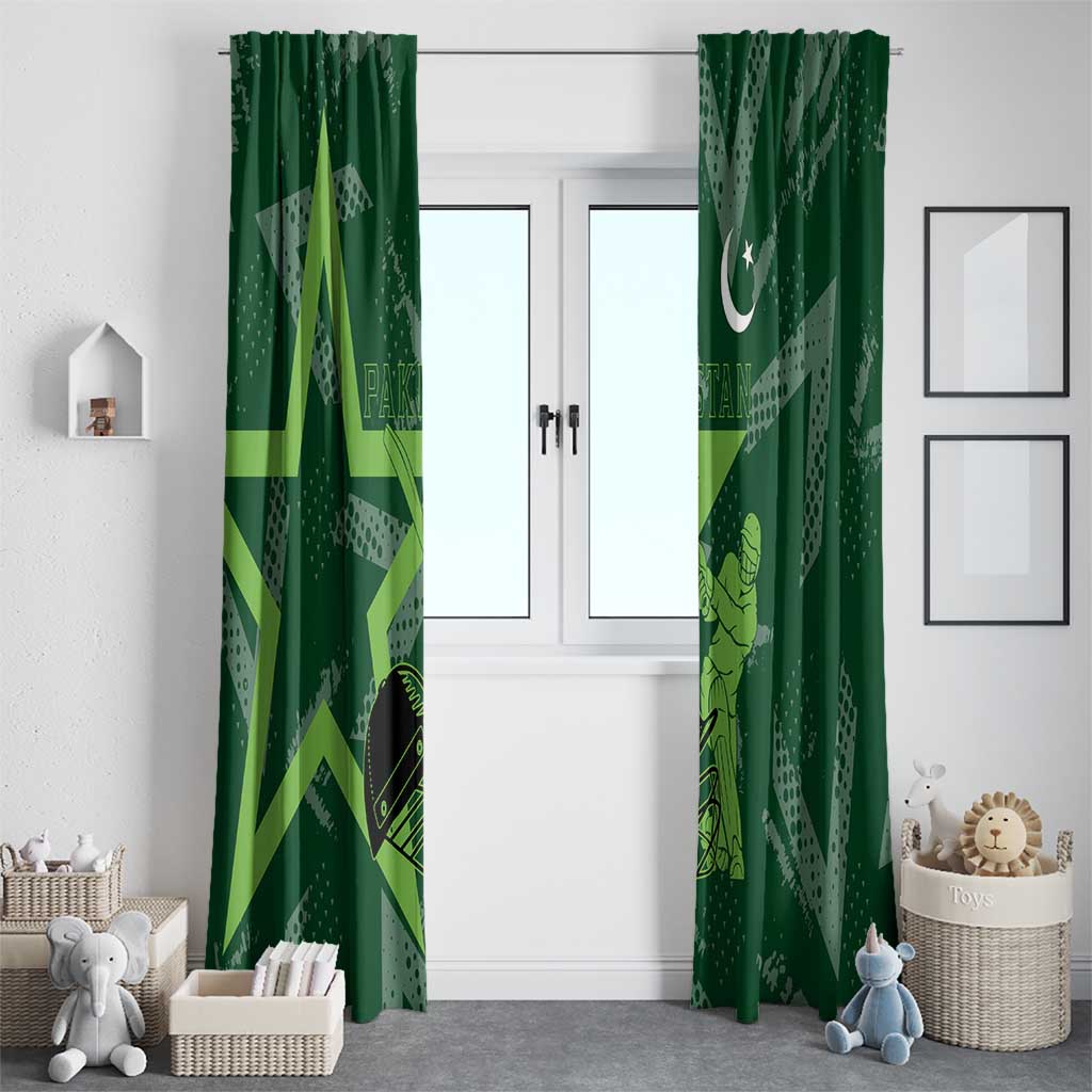 Pakistan Cricket Window Curtain Sporty Style with Flag Stars & Player Illustration