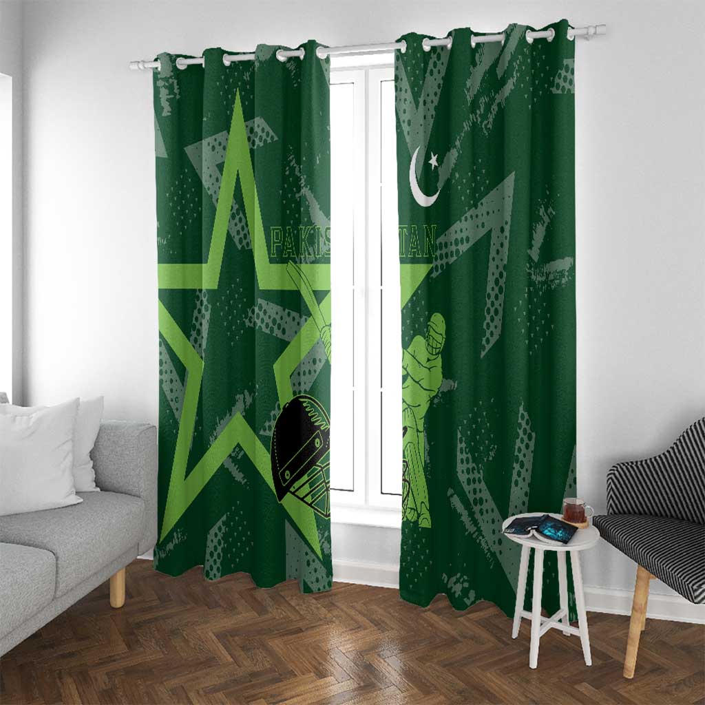 Pakistan Cricket Window Curtain Sporty Style with Flag Stars & Player Illustration