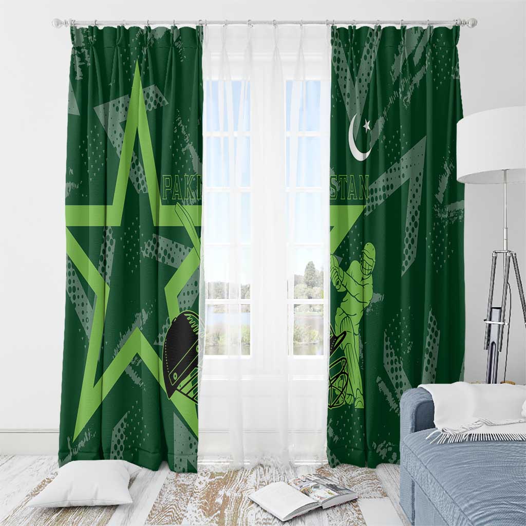 Pakistan Cricket Window Curtain Sporty Style with Flag Stars & Player Illustration