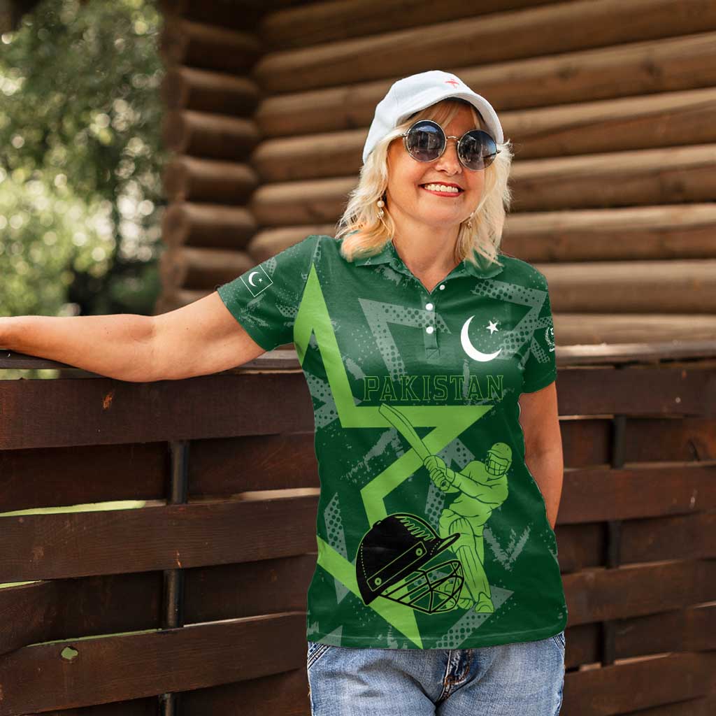 Pakistan Cricket Women Polo Shirt Sporty Style with Flag Stars & Player Illustration