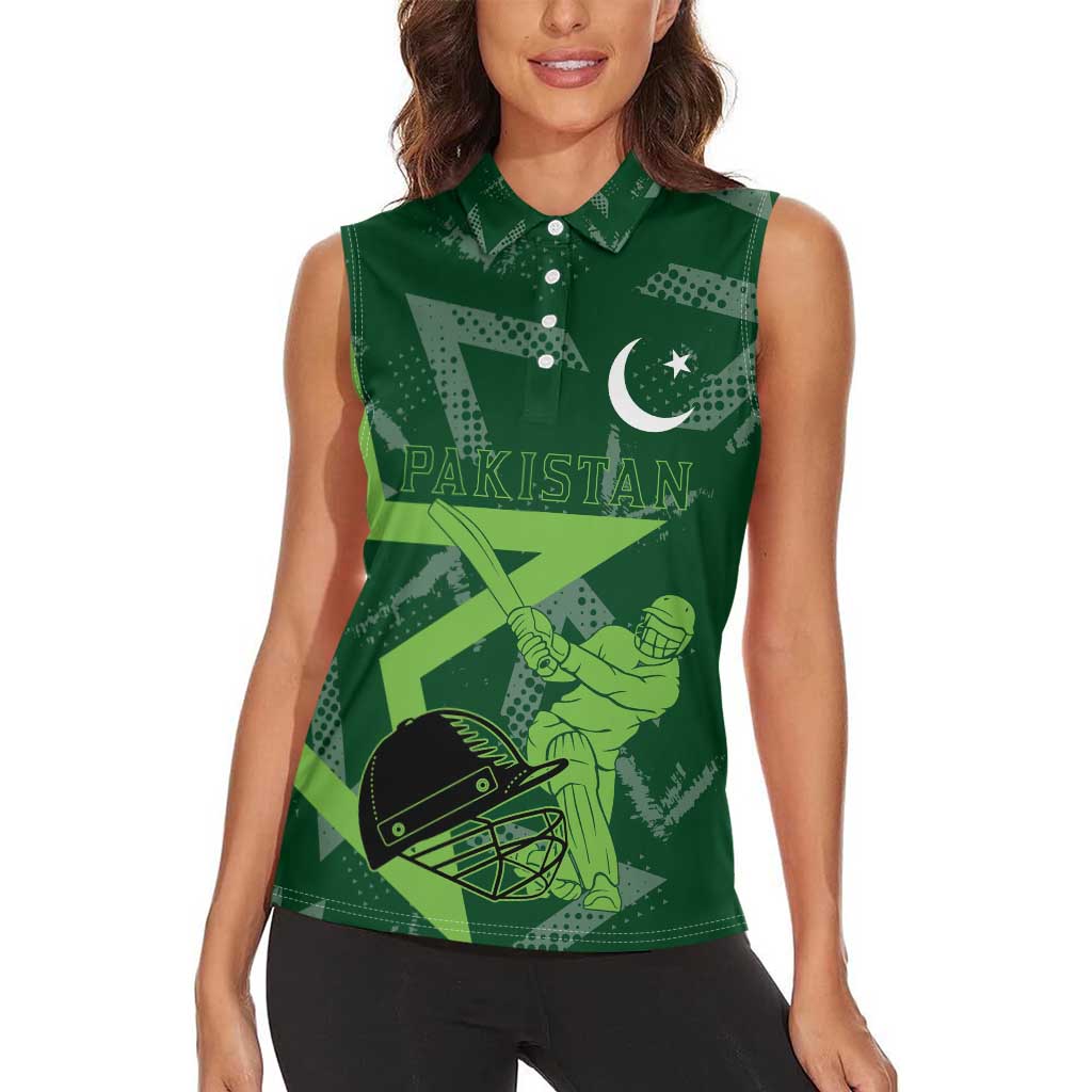Pakistan Cricket Women Sleeveless Polo Shirt Sporty Style with Flag Stars & Player Illustration