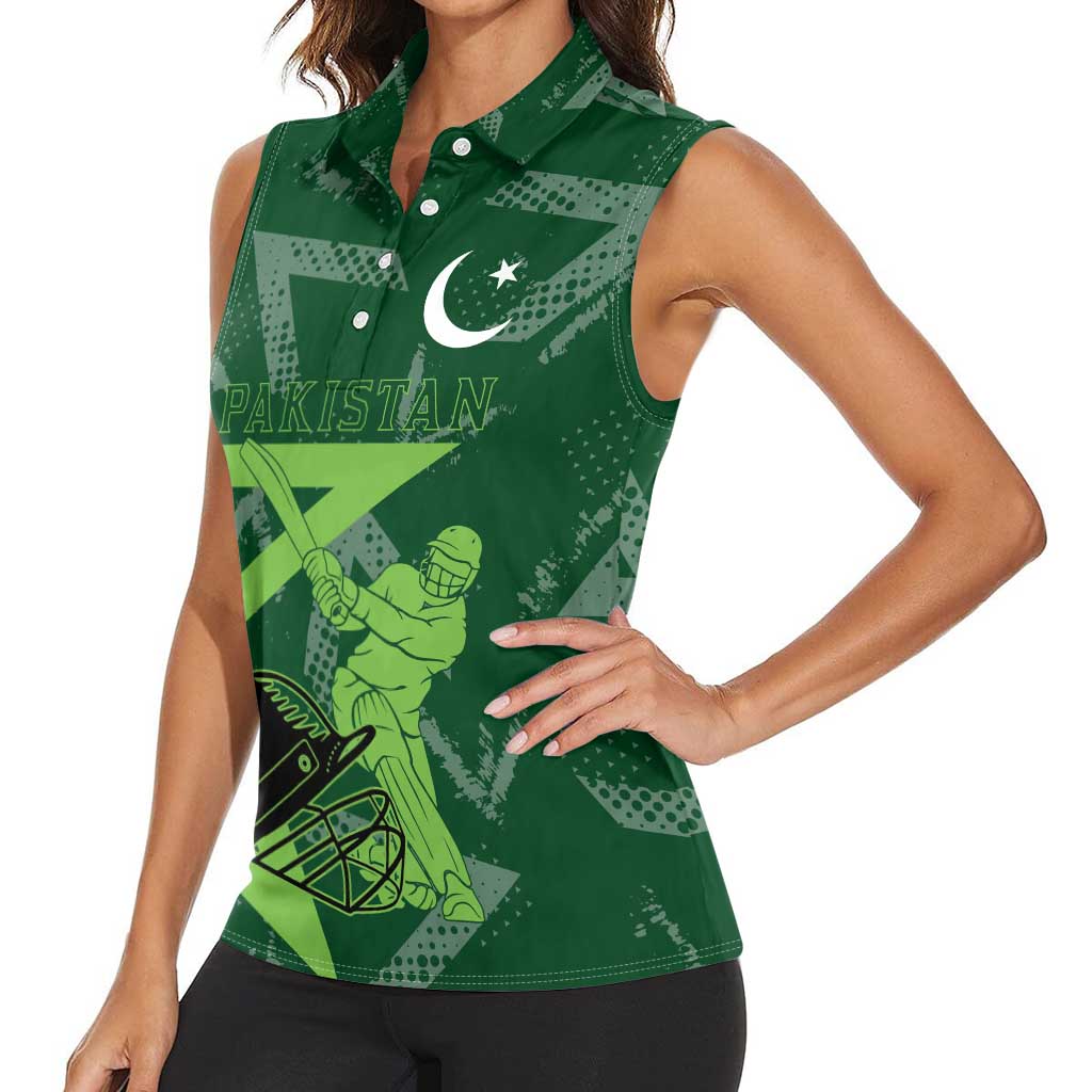 Pakistan Cricket Women Sleeveless Polo Shirt Sporty Style with Flag Stars & Player Illustration