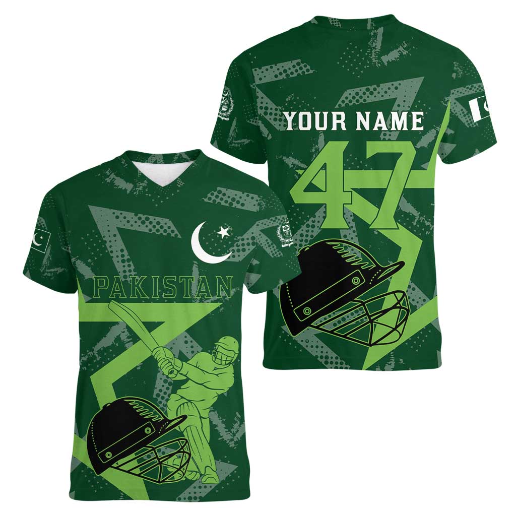Pakistan Cricket Women V-Neck T-Shirt Sporty Style with Flag Stars & Player Illustration