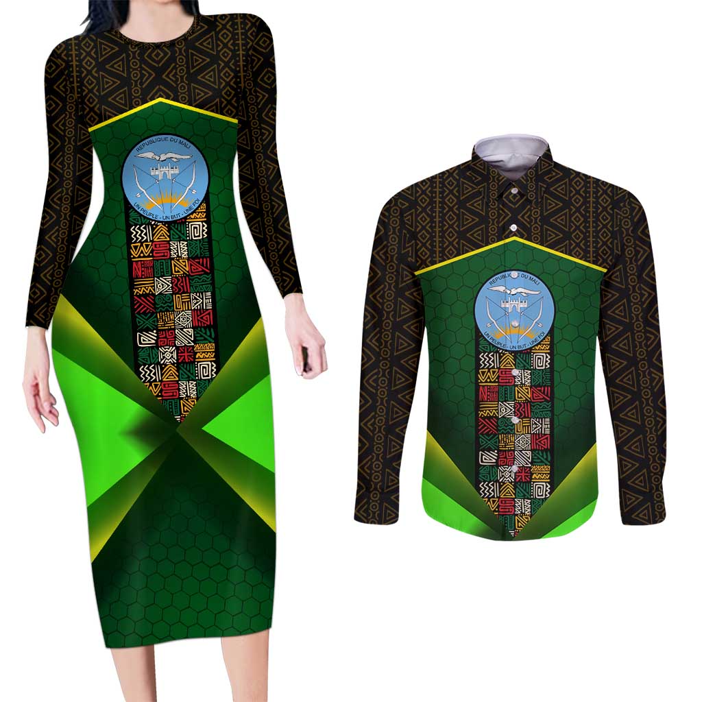 Mali Map Couples Matching Long Sleeve Bodycon Dress and Long Sleeve Button Shirt National Emblem & Cultural Pattern Design