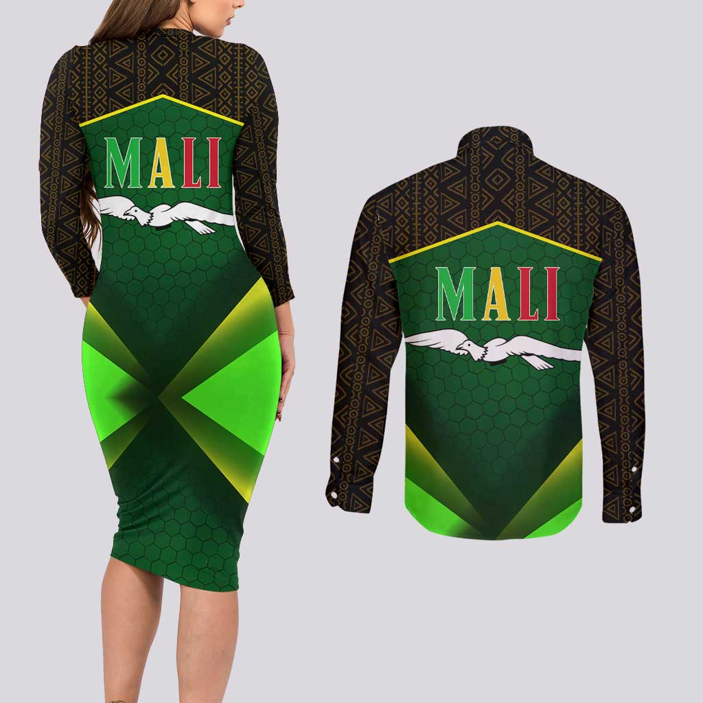 Mali Map Couples Matching Long Sleeve Bodycon Dress and Long Sleeve Button Shirt National Emblem & Cultural Pattern Design