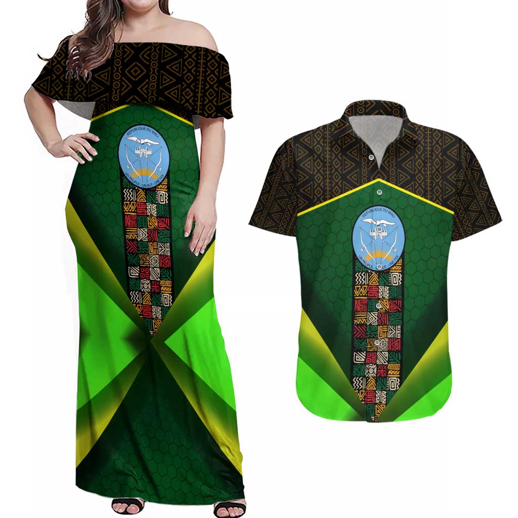 Mali Map Couples Matching Off Shoulder Maxi Dress and Hawaiian Shirt National Emblem & Cultural Pattern Design
