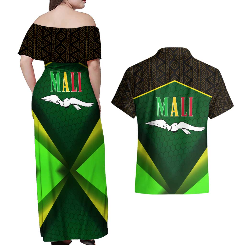 Mali Map Couples Matching Off Shoulder Maxi Dress and Hawaiian Shirt National Emblem & Cultural Pattern Design