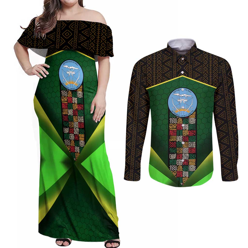 Mali Map Couples Matching Off Shoulder Maxi Dress and Long Sleeve Button Shirt National Emblem & Cultural Pattern Design