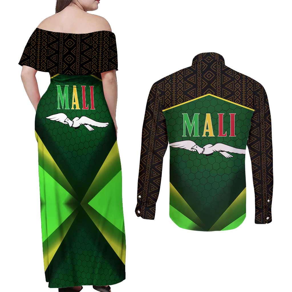 Mali Map Couples Matching Off Shoulder Maxi Dress and Long Sleeve Button Shirt National Emblem & Cultural Pattern Design