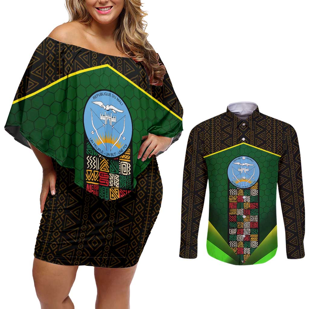 Mali Map Couples Matching Off Shoulder Short Dress and Long Sleeve Button Shirt National Emblem & Cultural Pattern Design