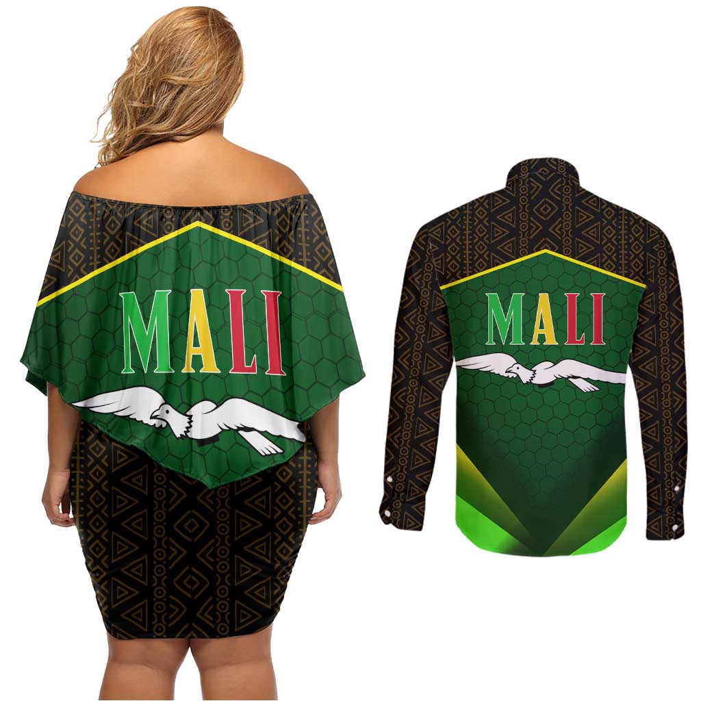 Mali Map Couples Matching Off Shoulder Short Dress and Long Sleeve Button Shirt National Emblem & Cultural Pattern Design