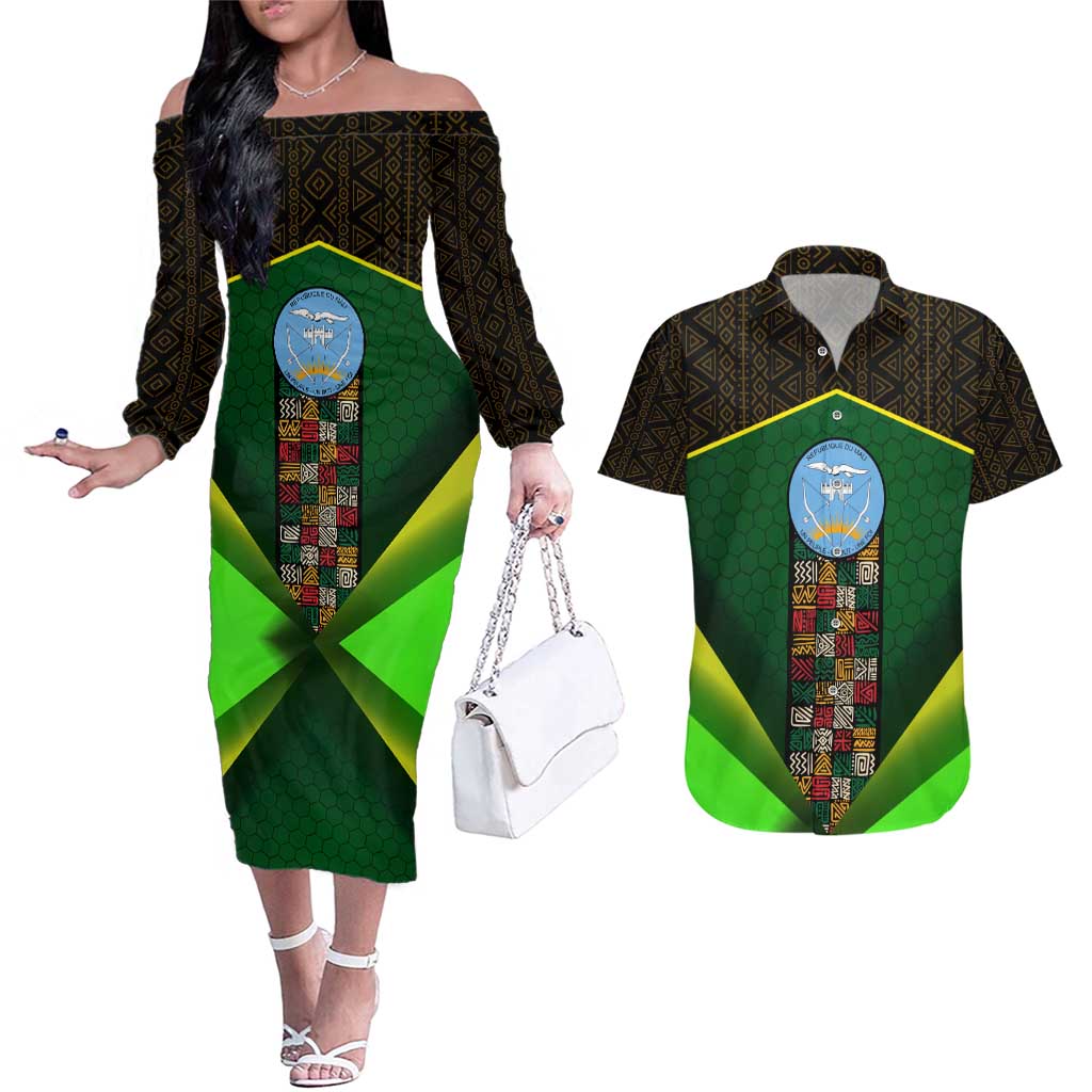 Mali Map Couples Matching Off The Shoulder Long Sleeve Dress and Hawaiian Shirt National Emblem & Cultural Pattern Design