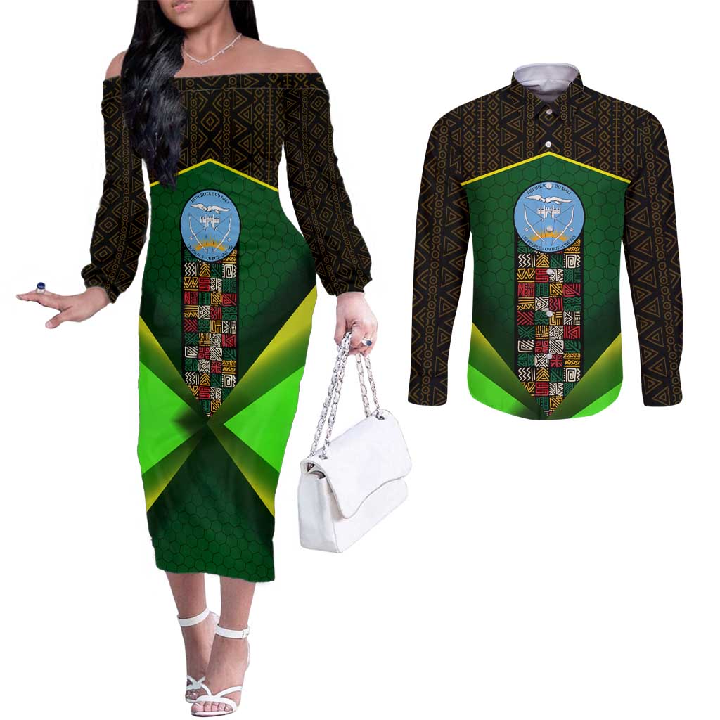 Mali Map Couples Matching Off The Shoulder Long Sleeve Dress and Long Sleeve Button Shirt National Emblem & Cultural Pattern Design