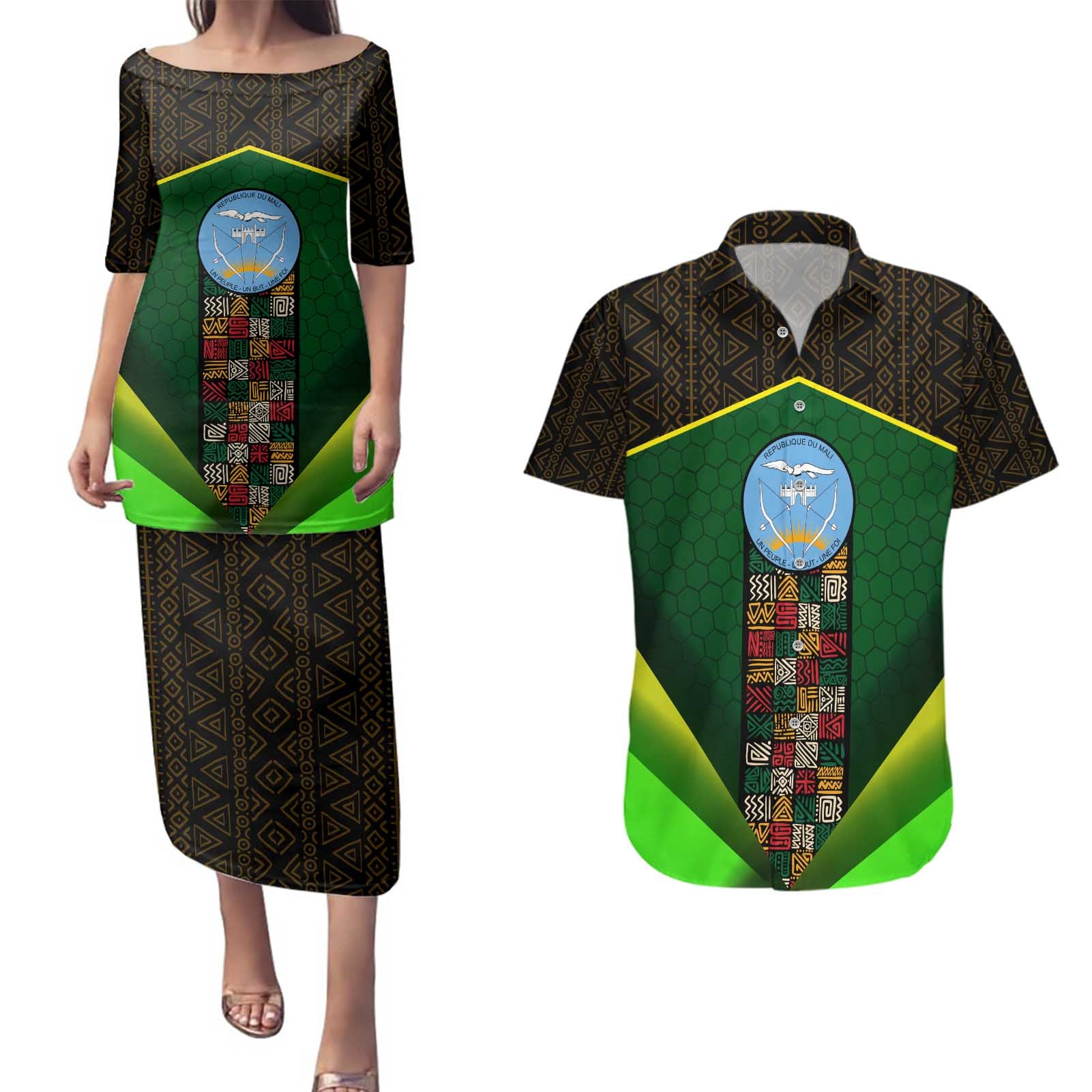 Mali Map Couples Matching Puletasi and Hawaiian Shirt National Emblem & Cultural Pattern Design
