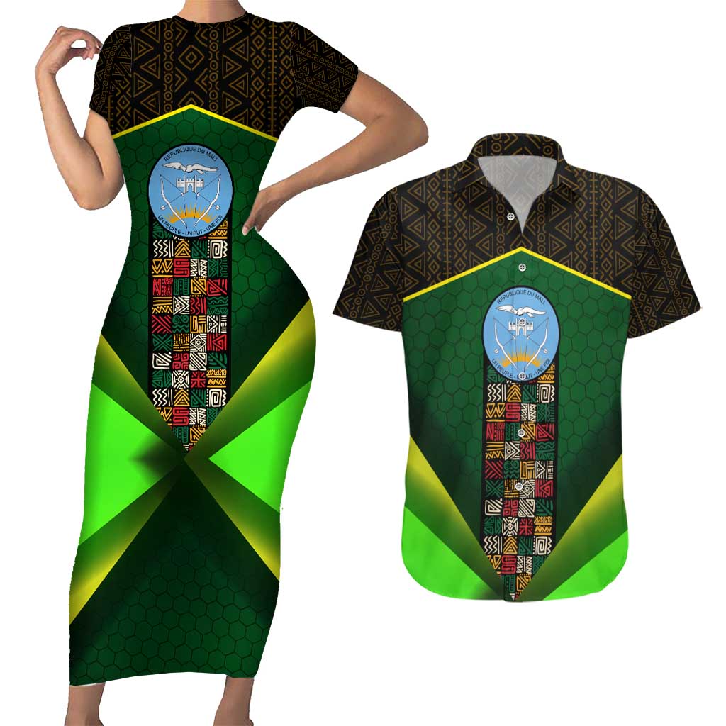 Mali Map Couples Matching Short Sleeve Bodycon Dress and Hawaiian Shirt National Emblem & Cultural Pattern Design