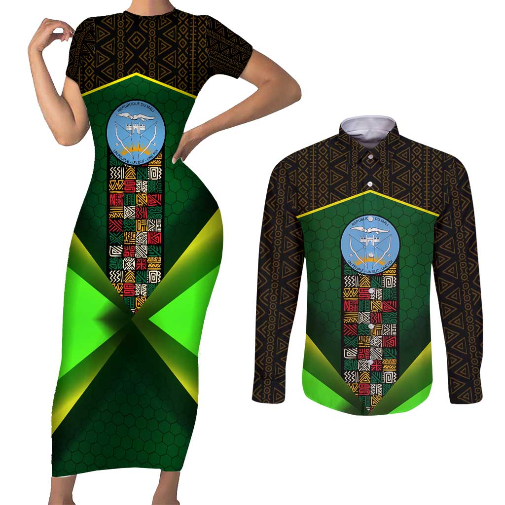 Mali Map Couples Matching Short Sleeve Bodycon Dress and Long Sleeve Button Shirt National Emblem & Cultural Pattern Design