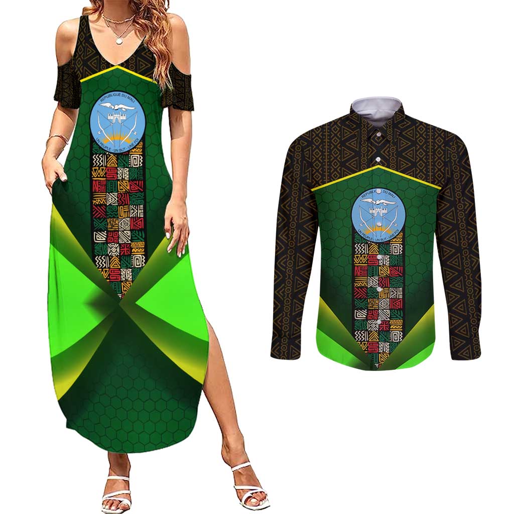 Mali Map Couples Matching Summer Maxi Dress and Long Sleeve Button Shirt National Emblem & Cultural Pattern Design