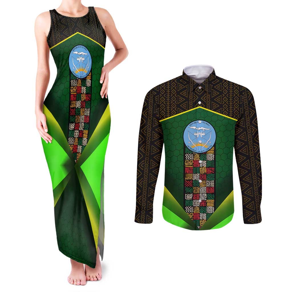 Mali Map Couples Matching Tank Maxi Dress and Long Sleeve Button Shirt National Emblem & Cultural Pattern Design