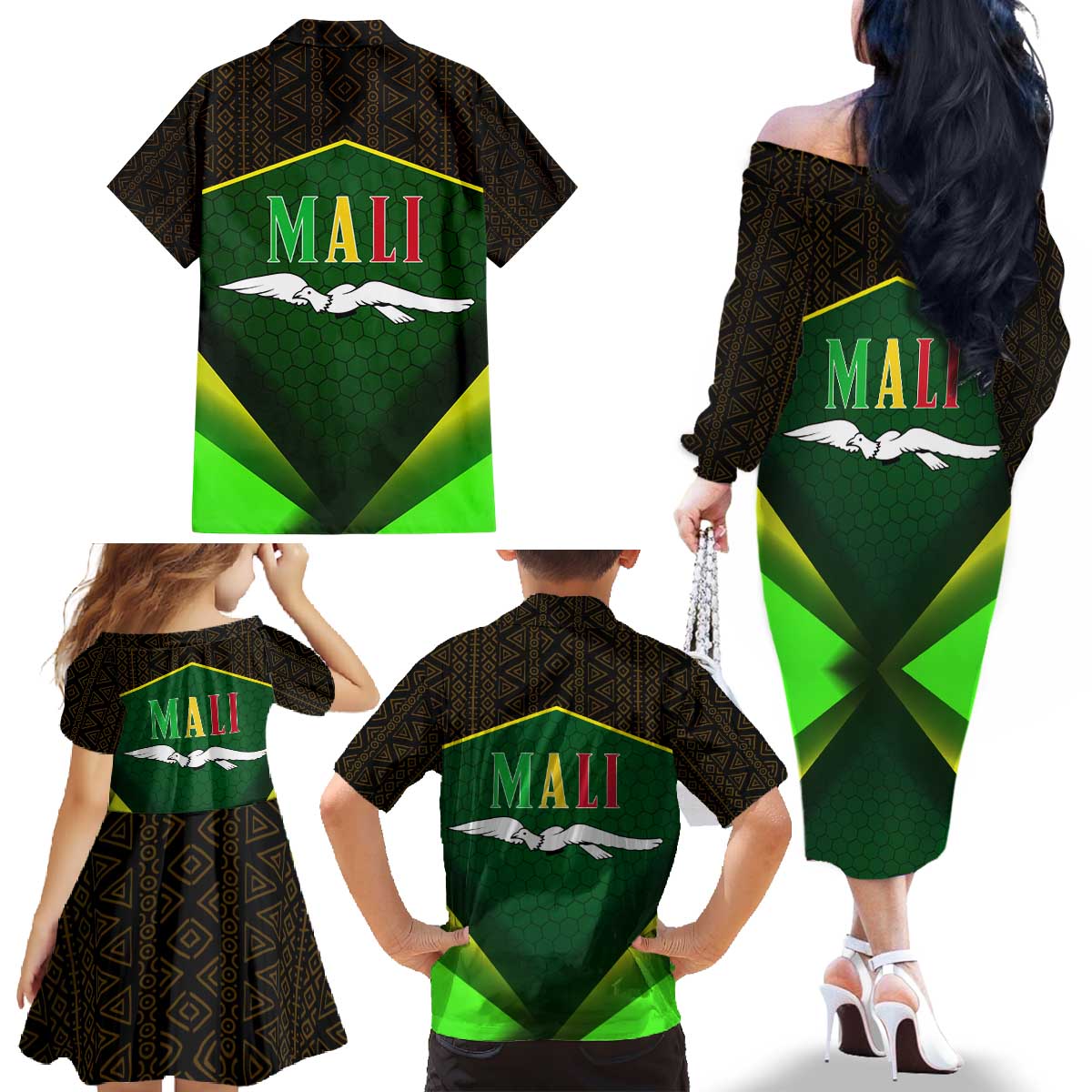 Mali Map Family Matching Off The Shoulder Long Sleeve Dress and Hawaiian Shirt National Emblem & Cultural Pattern Design