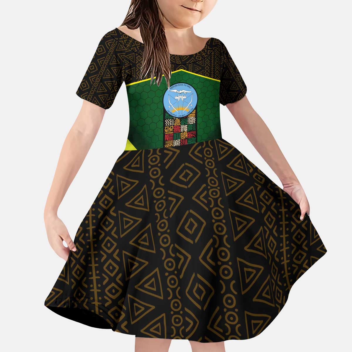 Mali Map Kid Short Sleeve Dress National Emblem & Cultural Pattern Design