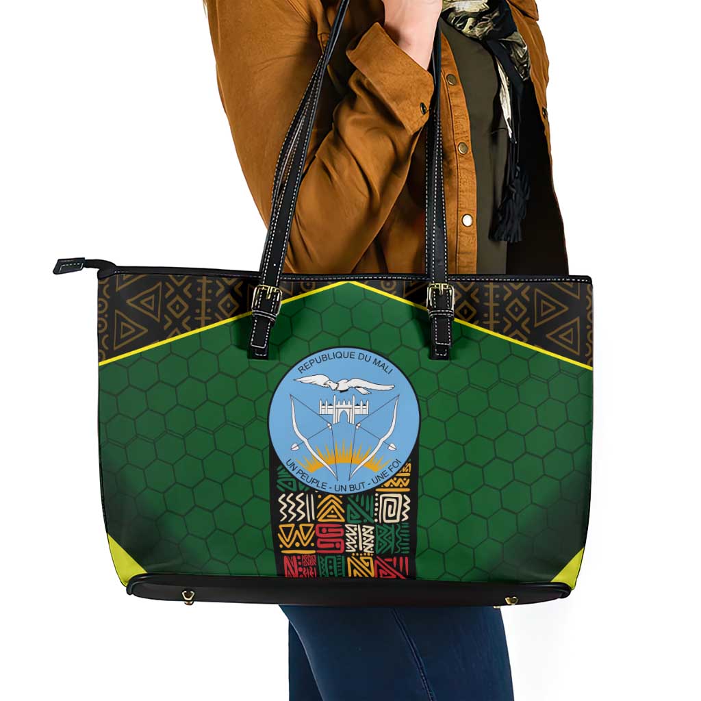 Mali Map Leather Tote Bag National Emblem & Cultural Pattern Design